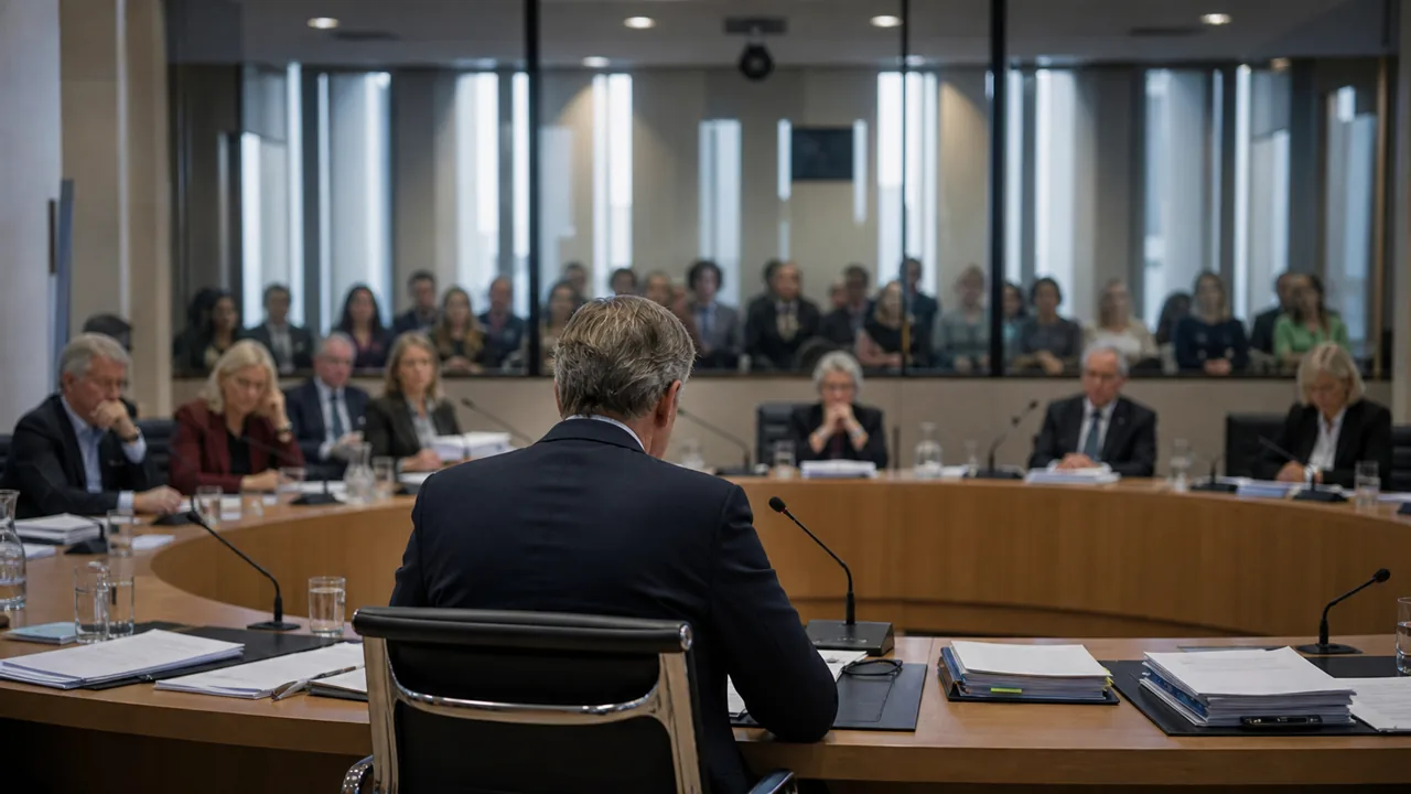 AI-foto van een parlementaire verhoorzaal met microfoons en dossiers als beeld bij verantwoording over schoolsluitingen.
