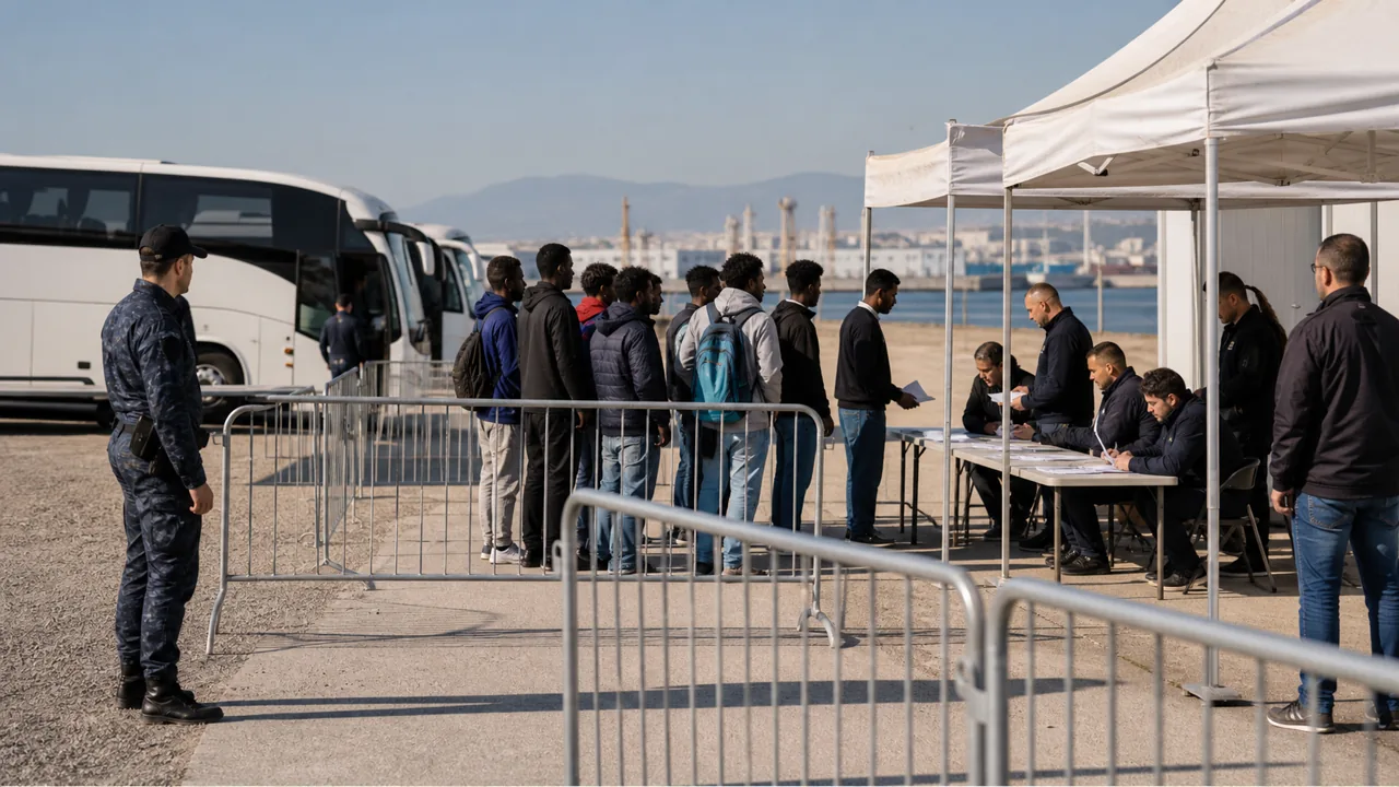 AI-foto van een mediterrane havenadministratie met tijdelijke ontvangsthekken en bussen, als beeld voor externe asielverwerking.
