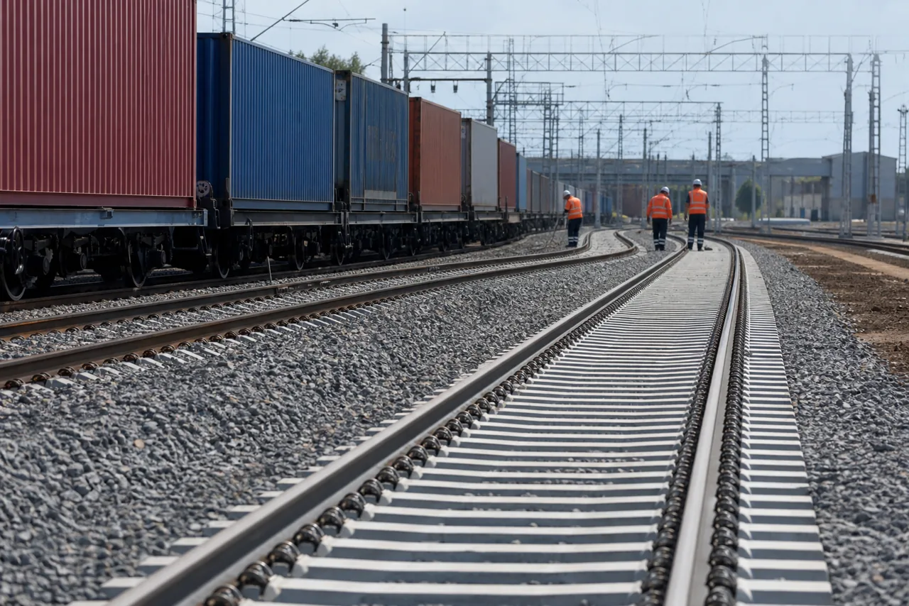 AI-foto van een Europese railterminal met containers en spoorwerkers als beeld bij transportverbindingen richting Oekraïne en Moldavië.