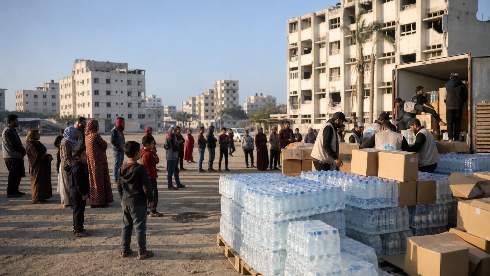 AI-foto van een rustige hulpdistributie met water en voedselpallets bij beschadigde woonblokken, als beeld voor fragiele humanitaire ruimte in Gaza.