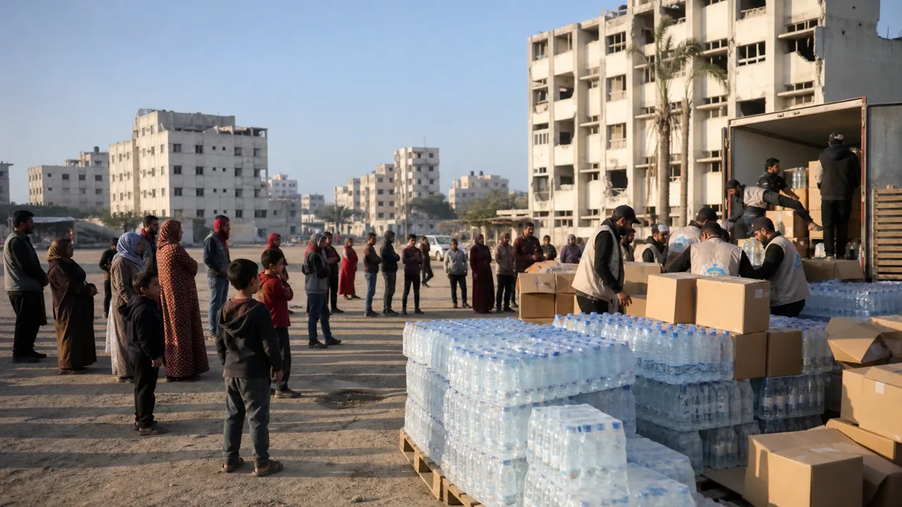 AI-foto van een rustige hulpdistributie met water en voedselpallets bij beschadigde woonblokken, als beeld voor fragiele humanitaire ruimte in Gaza.