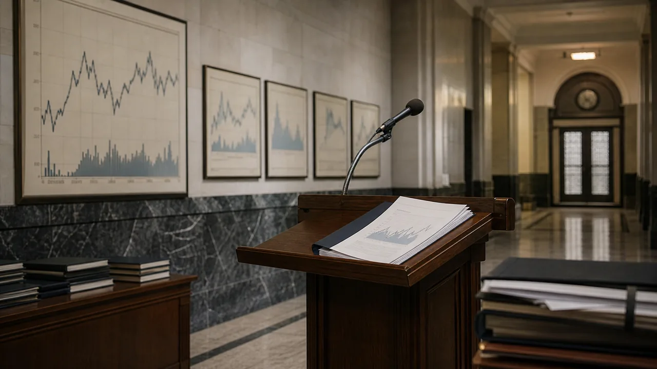 AI-foto van een lege economische persruimte met grafieken, dossiers en microfoon als beeld bij de erfenis van een centrale bankier.