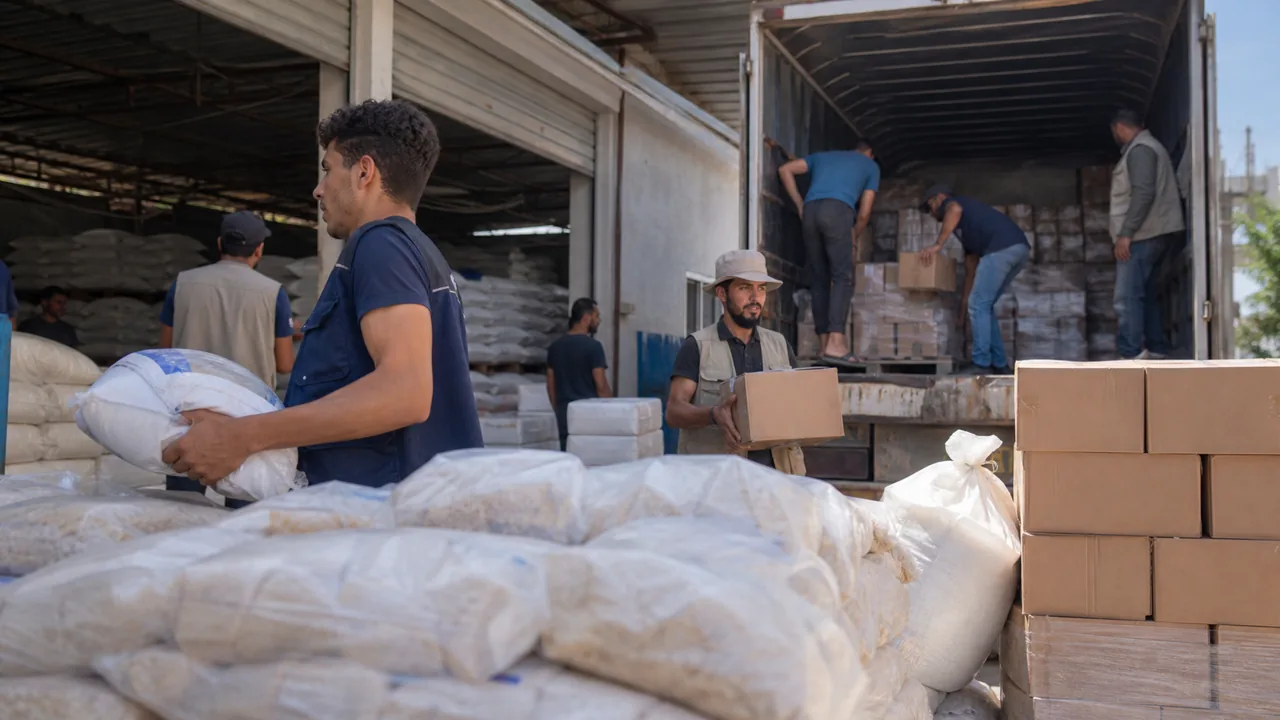 AI-foto van een voedselhulp-magazijn met graanzakken en pallets, als beeld voor logistieke druk achter hongerwaarschuwingen.