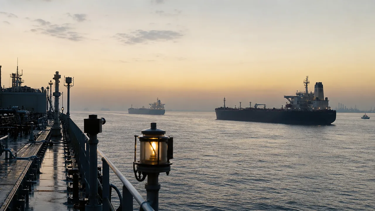 AI-foto van tankers op een mistige golfroute bij zonsopkomst, als beeld voor onzekerheid rond commerciële vaart door Hormuz.