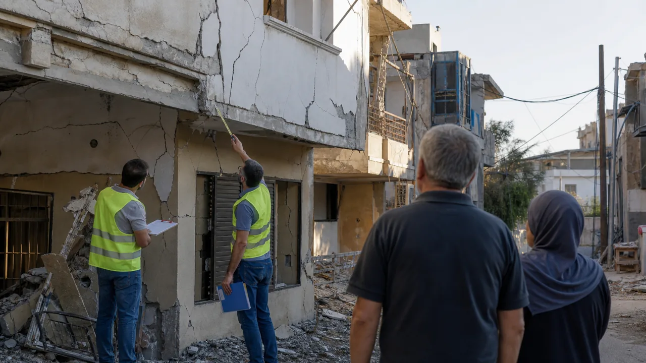 AI-foto van hulpverleners en ingenieurs in een beschadigde straat in Zuid-Libanon als beeld bij wapenstilstand en schadeherstel.
