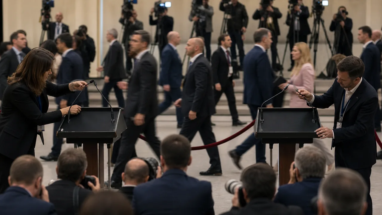 AI-foto van twee lege podiums in een internationale mediazone als beeld bij diplomatieke spanning tussen Meloni en Trump.