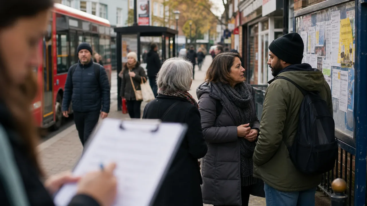 AI-foto van een Britse winkelstraat met busstop en een wazig peilingsclipboard op de voorgrond, als beeld voor migratiegevoel en statistiek.