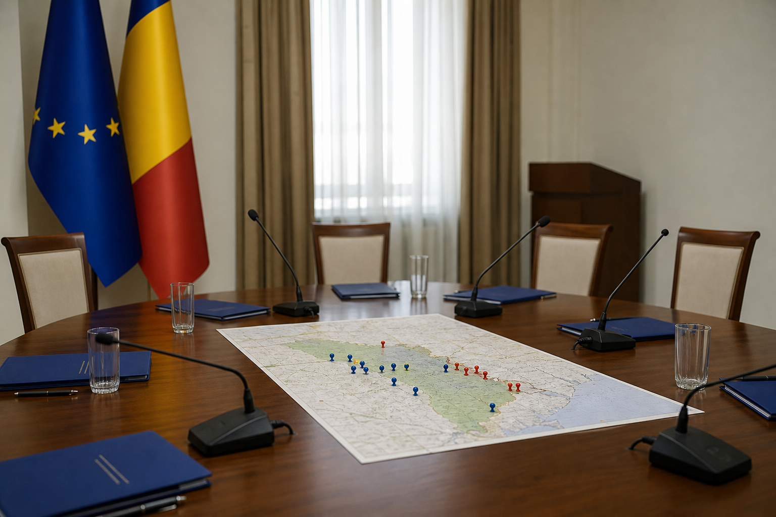 AI-foto van een diplomatieke vergadertafel met kaart, dossiers en Europese kleuraccenten als beeld bij Moldavië, EU-toetreding en Transnistrië.