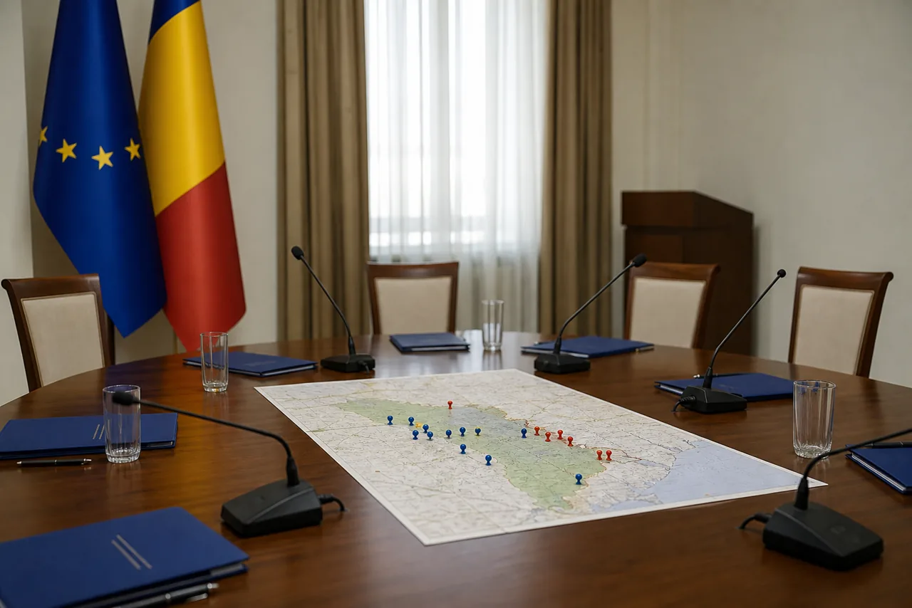 AI-foto van een diplomatieke vergadertafel met kaart, dossiers en Europese kleuraccenten als beeld bij Moldavië, EU-toetreding en Transnistrië.