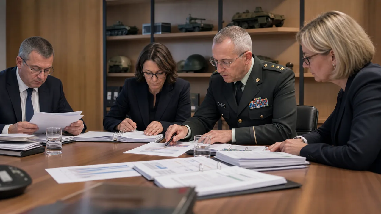 AI-foto van een Europese defensie-inkoopvergadering met dossiers en modelmaterieel, als beeld voor de kloof tussen budget en capaciteit.