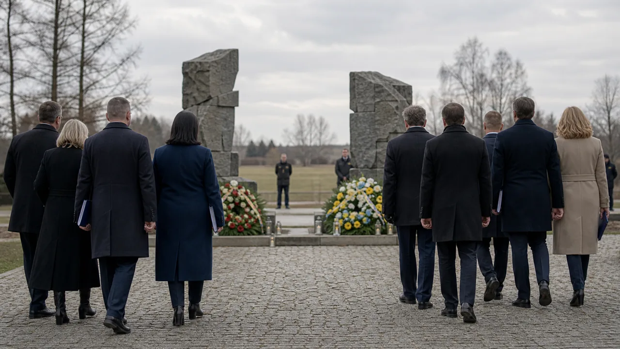 AI-foto van twee delegaties bij een sober herdenkingsmonument in een grensregio als beeld bij Pools-Oekraïense herinneringspolitiek.