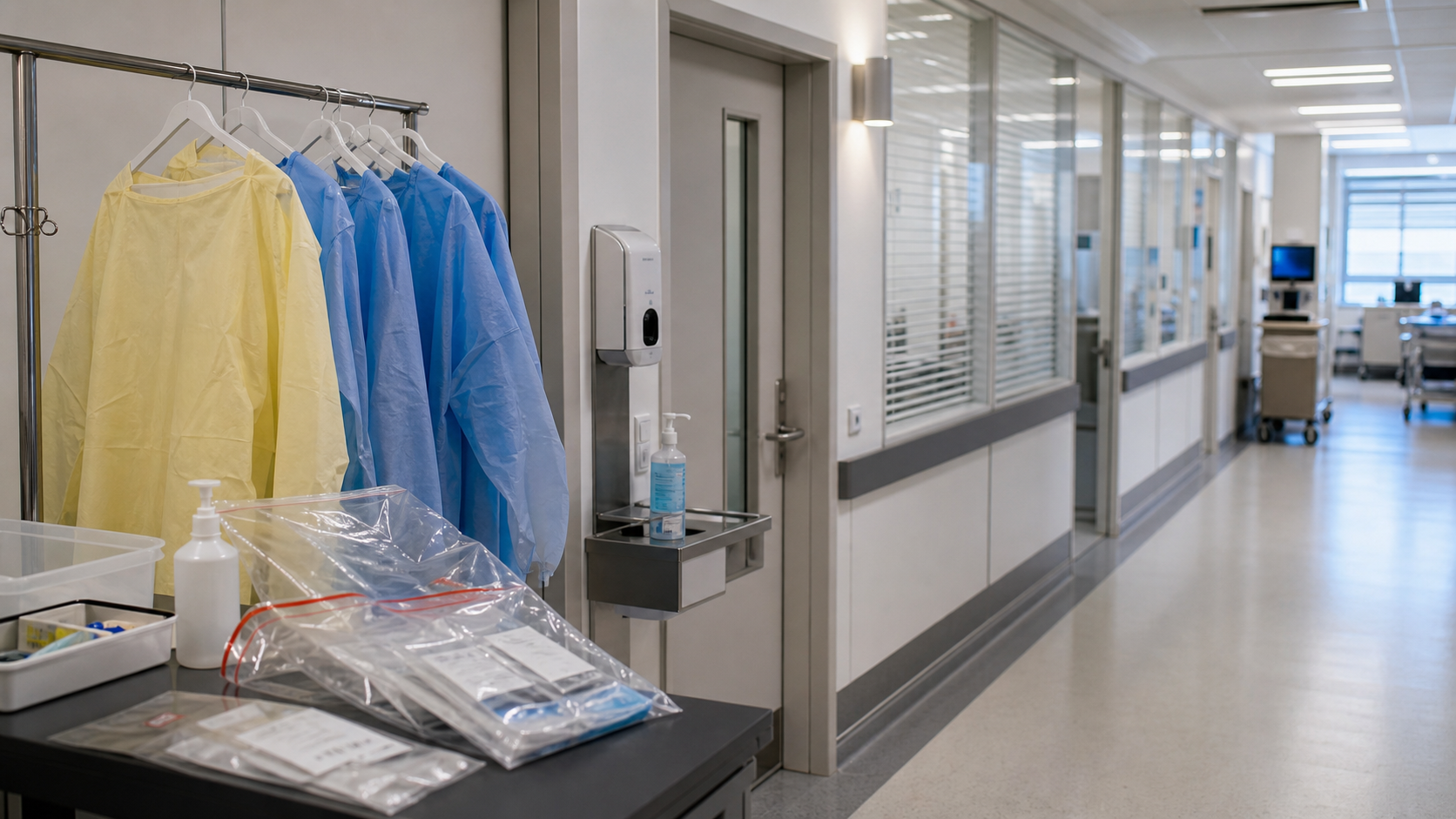 AI-foto van een moderne ziekenhuisgang met beschermende kleding en hygiënemiddelen als beeld bij voorzorgsquarantaine na mogelijk viruscontact.