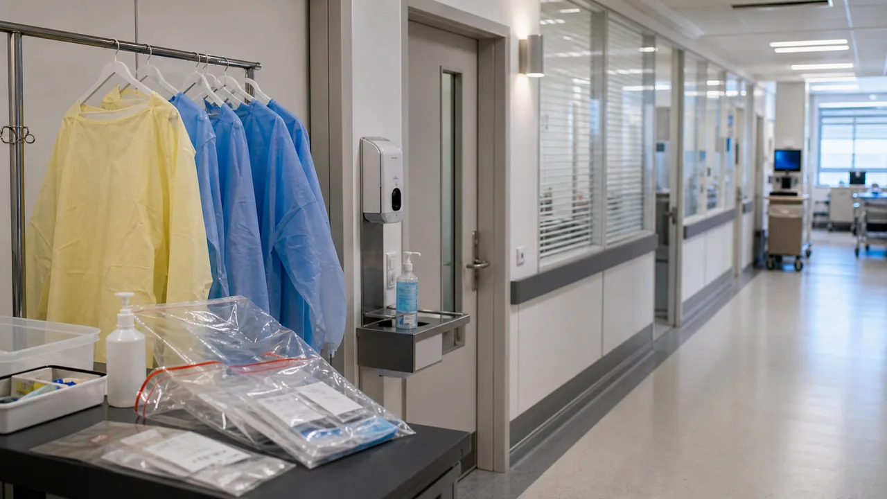 AI-foto van een moderne ziekenhuisgang met beschermende kleding en hygiënemiddelen als beeld bij voorzorgsquarantaine na mogelijk viruscontact.