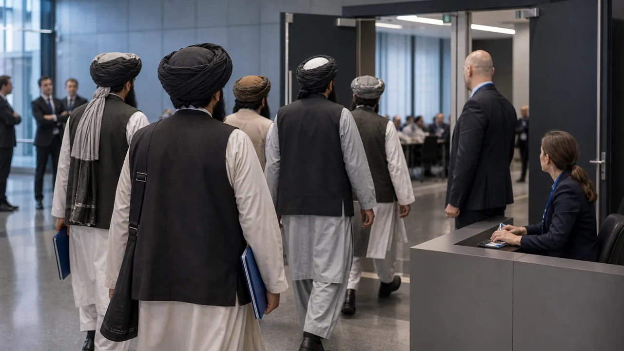 AI-foto van een Brusselse vergaderentree met anonieme delegatieleden en veiligheidscontrole als beeld bij Taliban-visa voor EU-migratieoverleg.