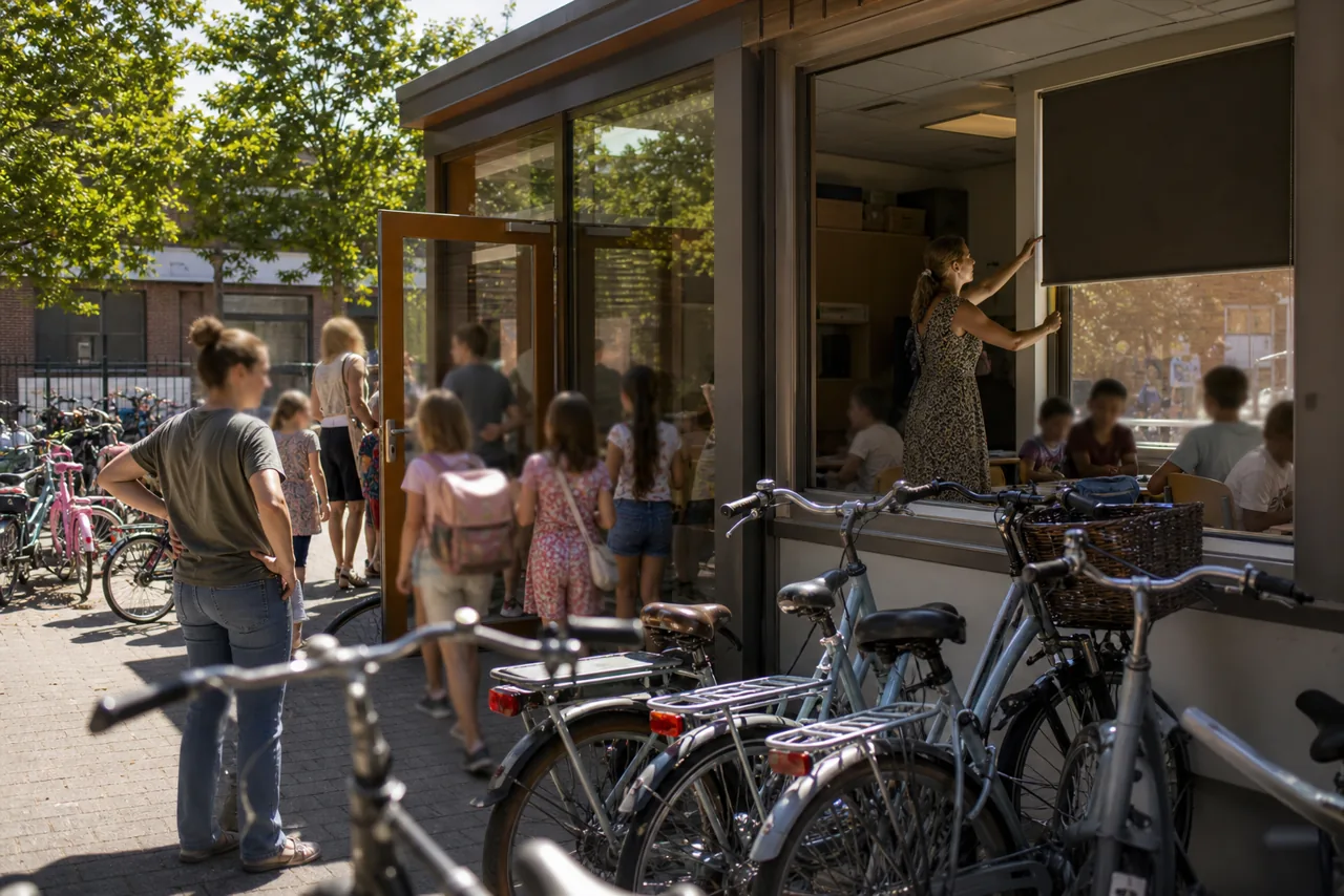 AI-foto van een Nederlandse school op een warme dag met fietsen, ouders en verduisterde ramen als beeld bij tropenroosters.