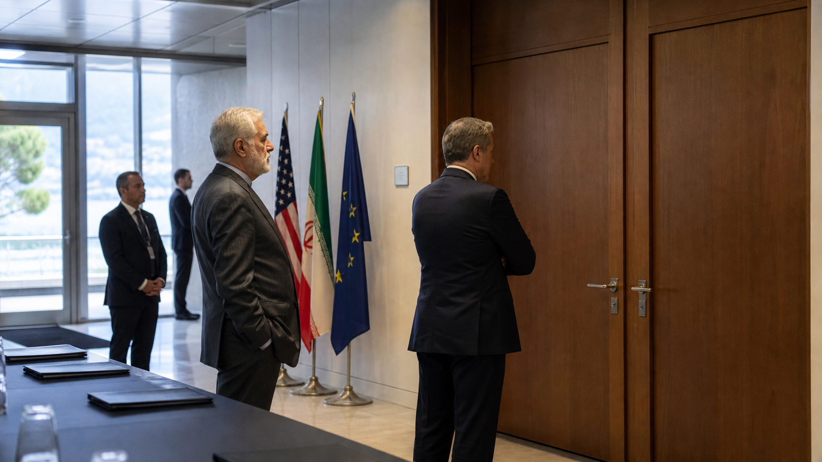 AI-foto van een Zwitserse diplomatieke gang met gesloten vergaderdeuren en dossiers, als beeld voor gespannen overleg tussen de VS en Iran.