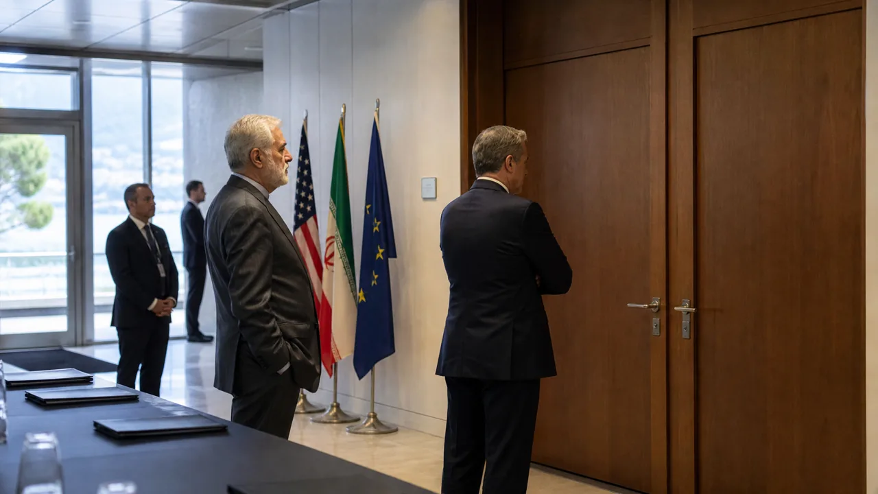 AI-foto van een Zwitserse diplomatieke gang met gesloten vergaderdeuren en dossiers, als beeld voor gespannen overleg tussen de VS en Iran.