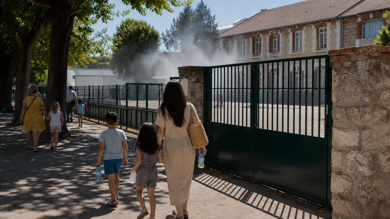 AI-foto van een warme Europese stadsstraat met een gesloten schoolhek en mensen in de schaduw als beeld bij extreme zomerse hitte.