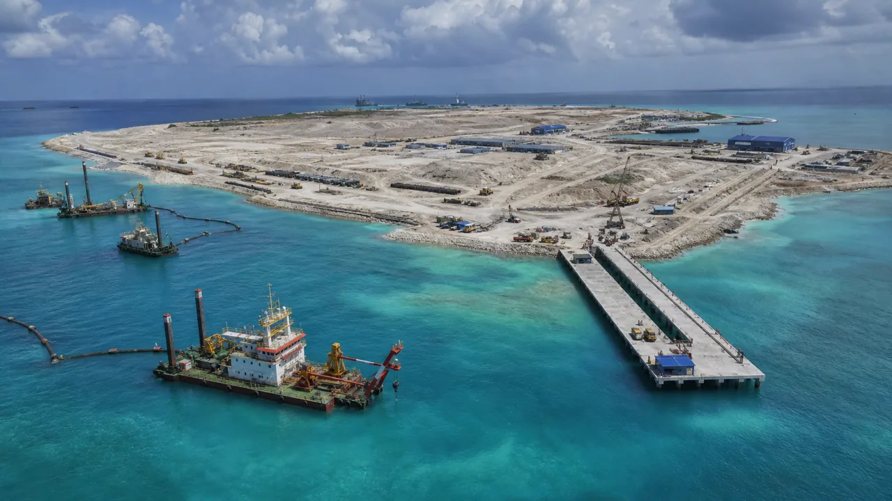 AI-foto van een laaggelegen rif met baggerschepen en betonwerk in turquoise water, als beeld voor eilandbouw in de Zuid-Chinese Zee.
