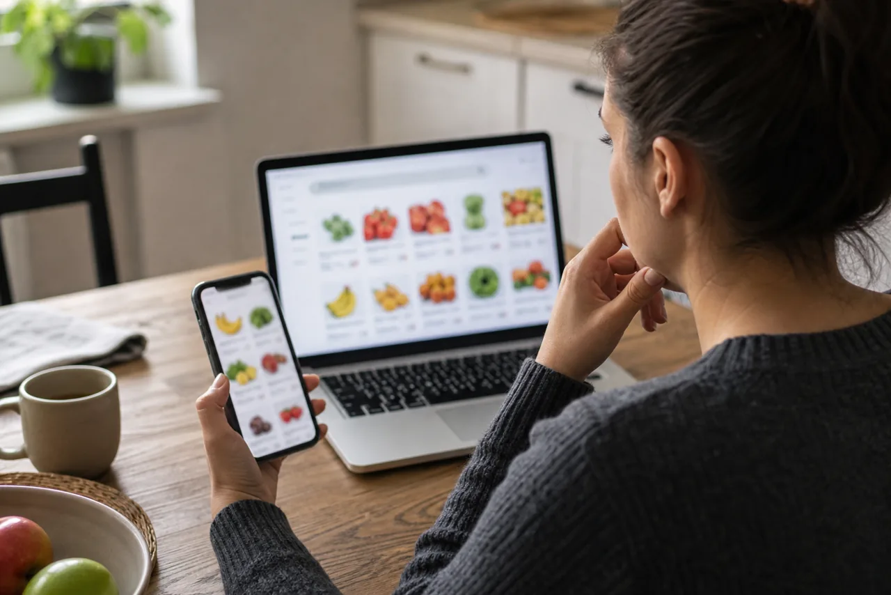 Een persoon bekijkt online boodschappen op laptop en telefoon aan een keukentafel.