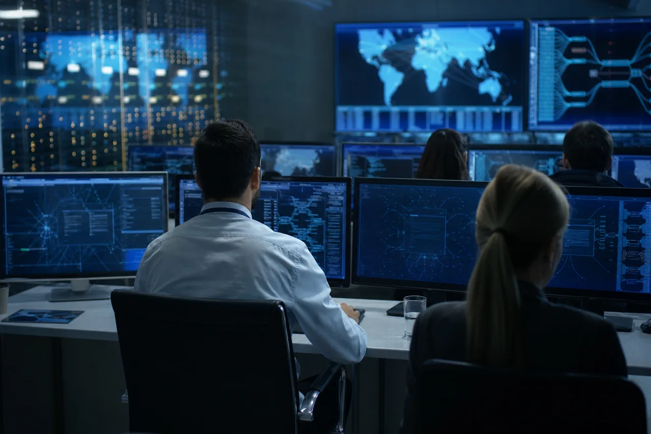 Analisten in een cyberresponsruimte kijken naar monitoren zonder leesbare tekst.