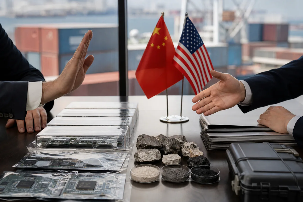 AI-foto van een vergadertafel met Chinese en Amerikaanse vlaggen, chips, mineralen en dossiers als beeld bij exportcontroles en zeldzame-aardeketens.