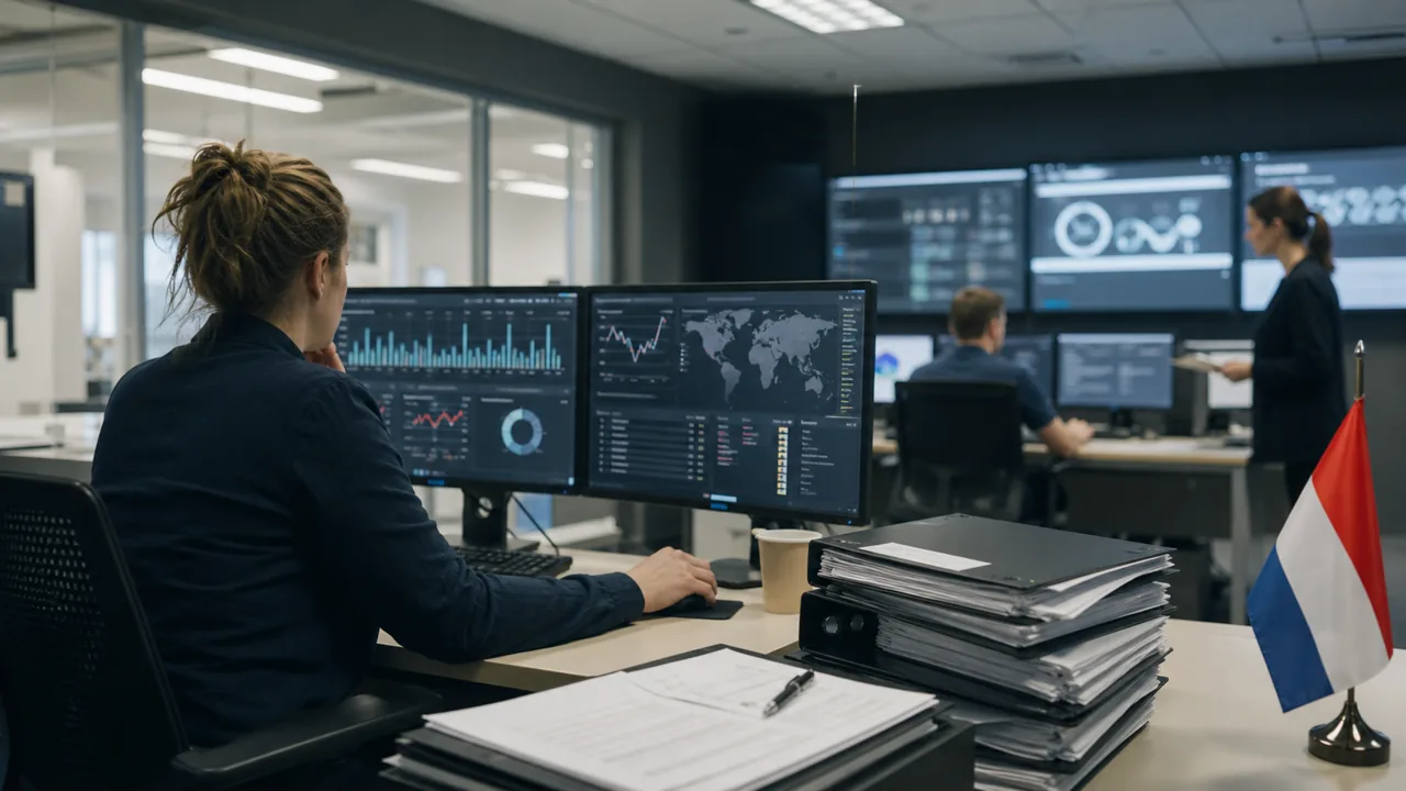AI-foto van een Nederlandse IT-afdeling met beveiligingsdashboards en privacydossiers als beeld bij hacks en datalekken.