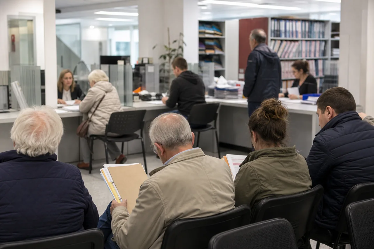 Mensen wachten bij een openbaar loket met pensioenpapieren.