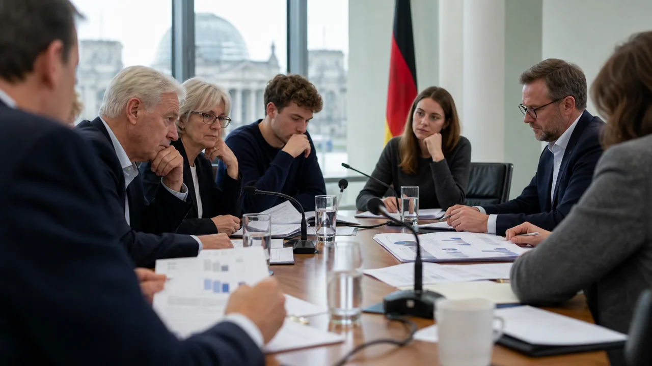 AI-foto van een Duitse commissiekamer met jongere en oudere adviseurs rond pensioendossiers als beeld bij pensioenreform.