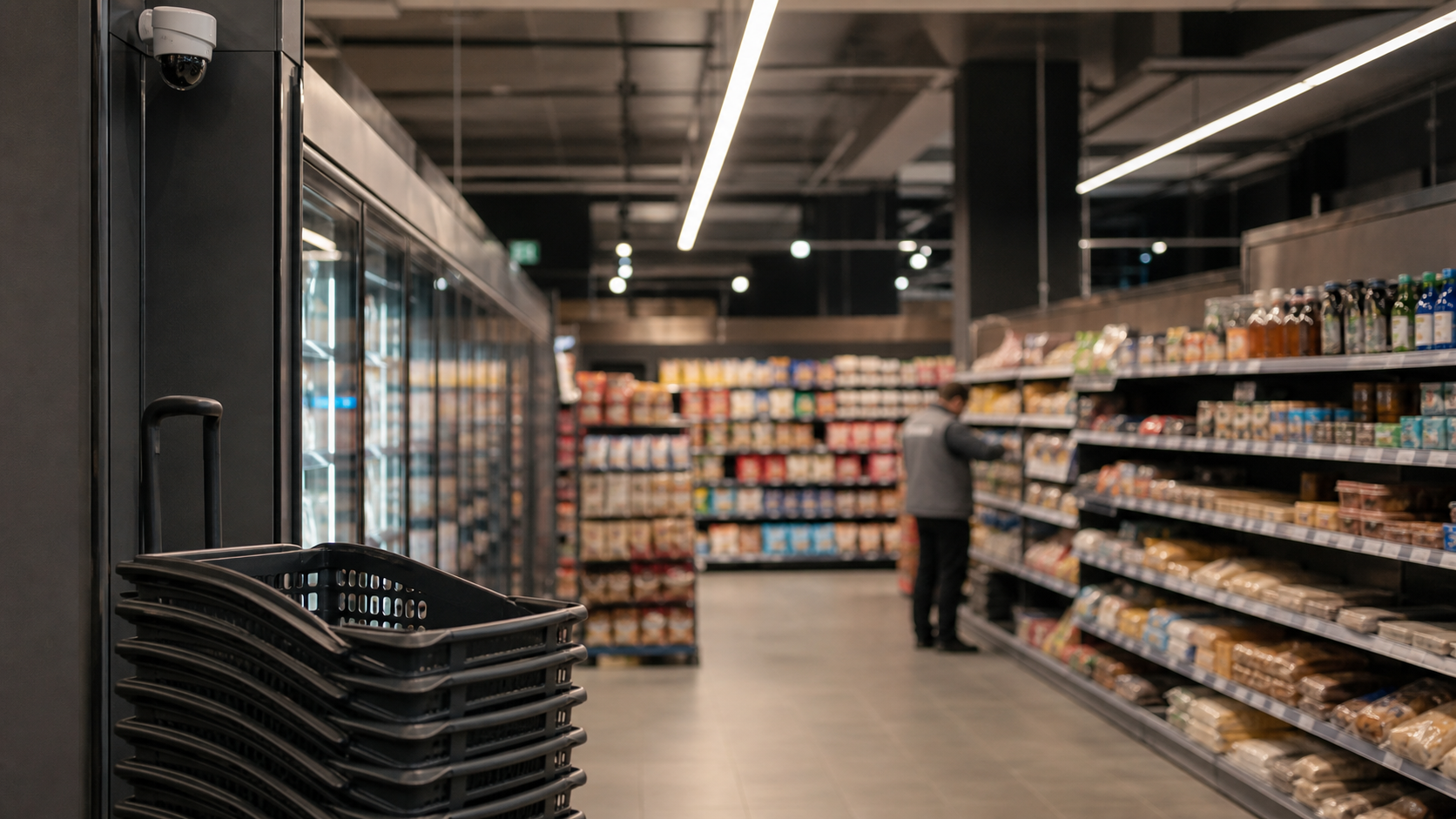 AI-foto van een supermarktgang met beveiligingscamera en winkelmandjes als beeld bij recordverliezen door winkeldiefstal.