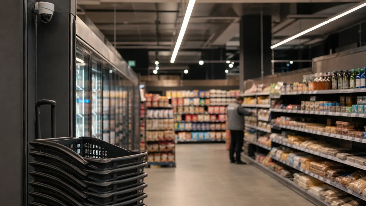 AI-foto van een supermarktgang met beveiligingscamera en winkelmandjes als beeld bij recordverliezen door winkeldiefstal.