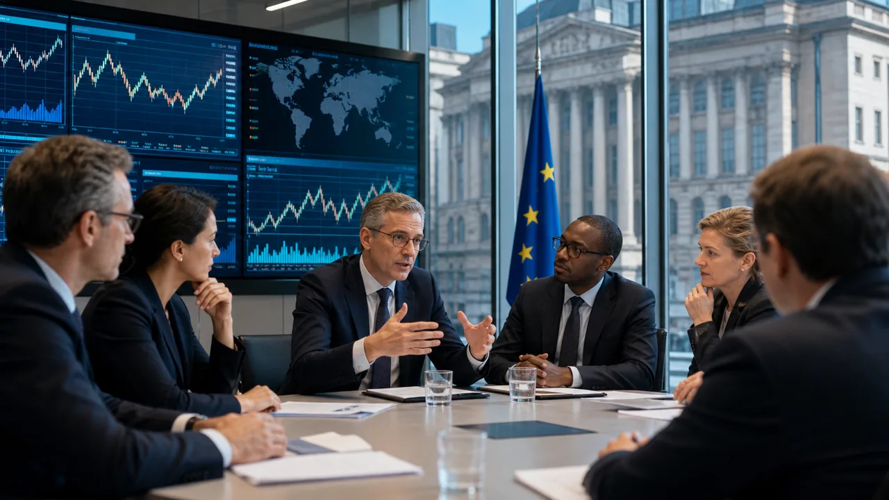 AI-foto van een Europese financiele beleidskamer met marktschermen en overlegtafel als beeld bij euro, kapitaalmarktunie en reservemunt.