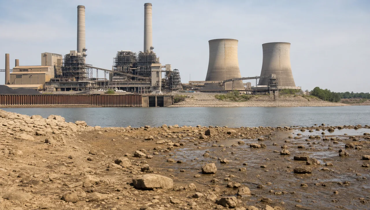 Een energie-installatie langs laag water bij warme, droge omstandigheden.