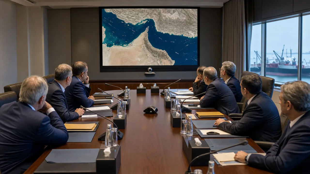 AI-foto van een diplomatieke vergadertafel met Golfkaart en havenscherm als beeld bij Iran-olie, inspecties en scheepvaartrisico.