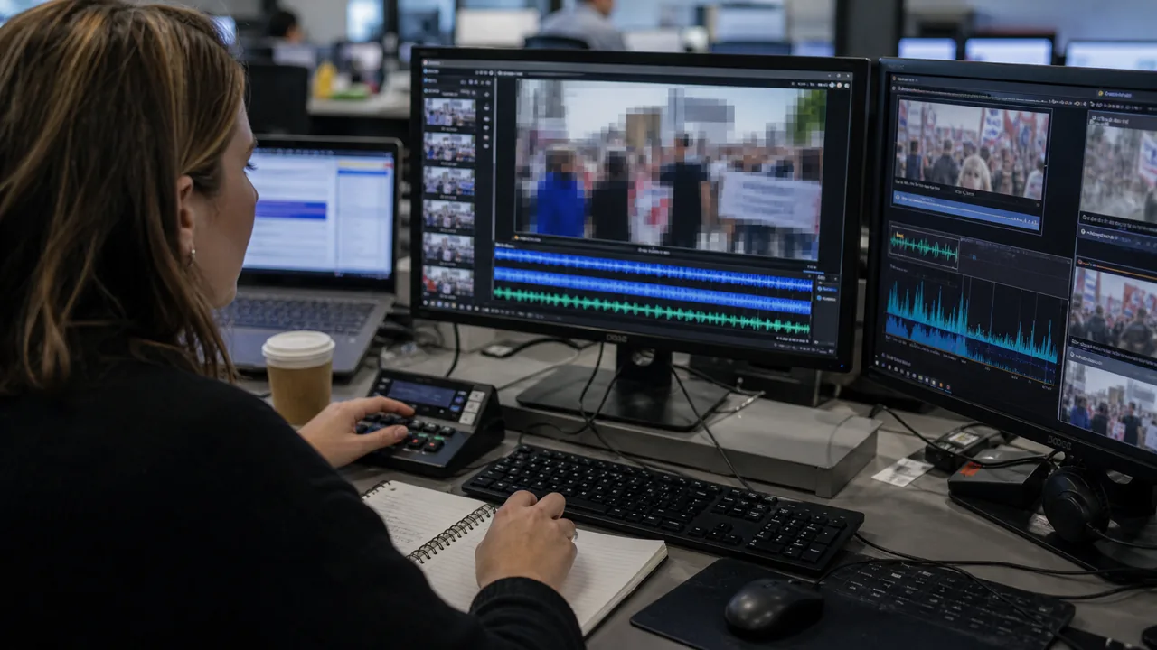 AI-foto van een regenachtige Britse politieke persopstelling met camera's en microfoons als beeld bij partijvertrouwen en verantwoording.