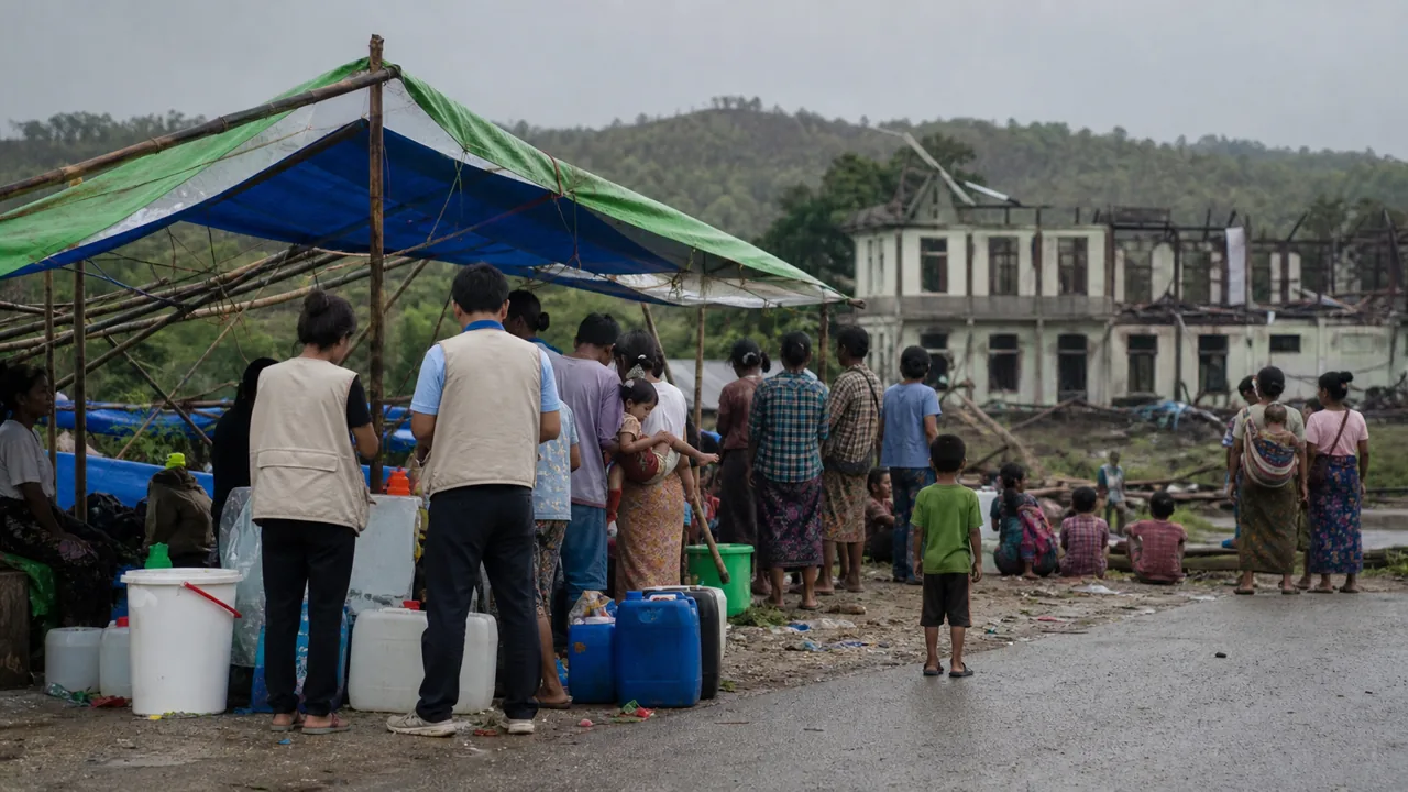 AI-foto van een sobere hulpplaats langs een weg in Myanmar met watercontainers en ontheemden als beeld bij hulptekort en bombardementen.