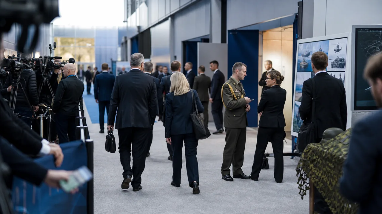 AI-foto van een internationale veiligheidslocatie met pershekken en delegaties als beeld bij NAVO-druk en defensie-uitgaven.
