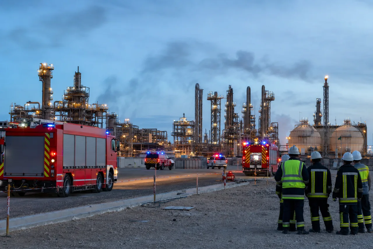 AI-foto van hulpdiensten bij een groot gascomplex in de Golfregio als beeld bij de explosie bij Ras Laffan en energiezekerheid.