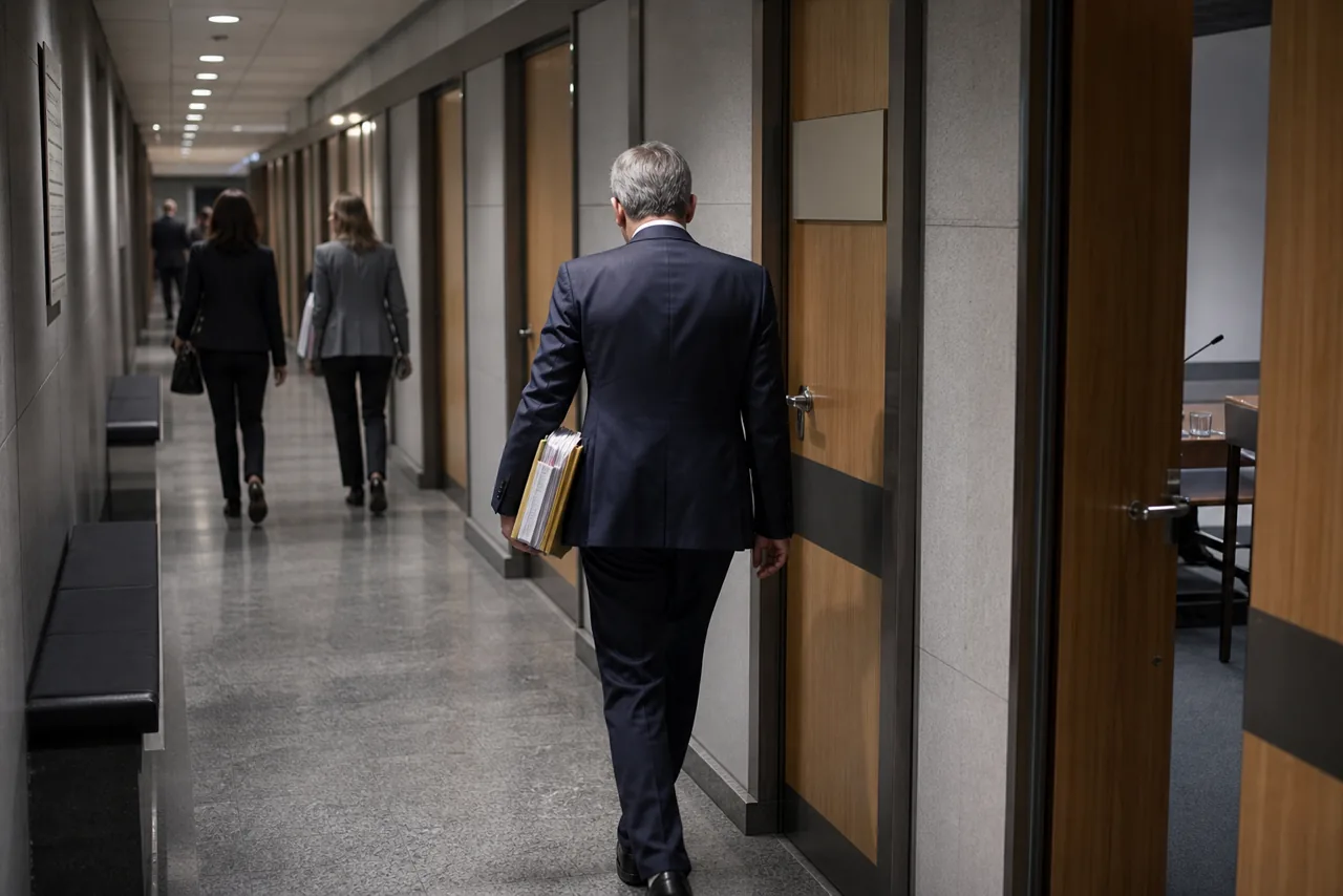 Een institutionele gang met dossiers en gesloten vergaderruimtes.