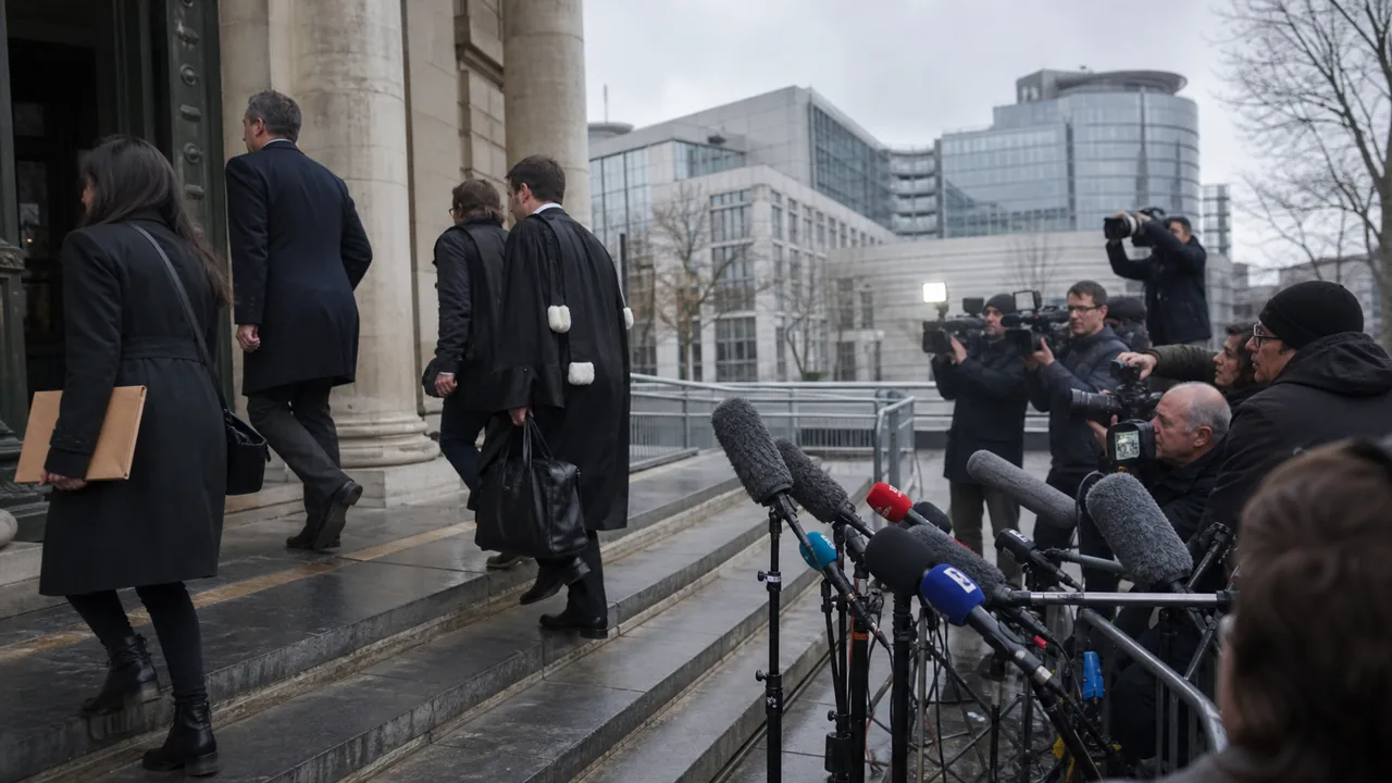 AI-foto van een Brusselse rechtbankentree met journalisten en advocaten als beeld bij Qatargate en EU-integriteit.