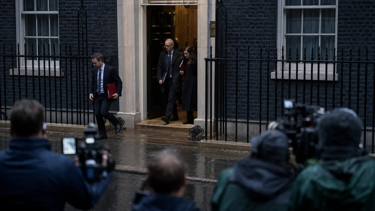 AI-foto van een regenachtige Westminster-straat met perscamera's en politieke medewerkers als beeld bij het vertrek van Starmer.