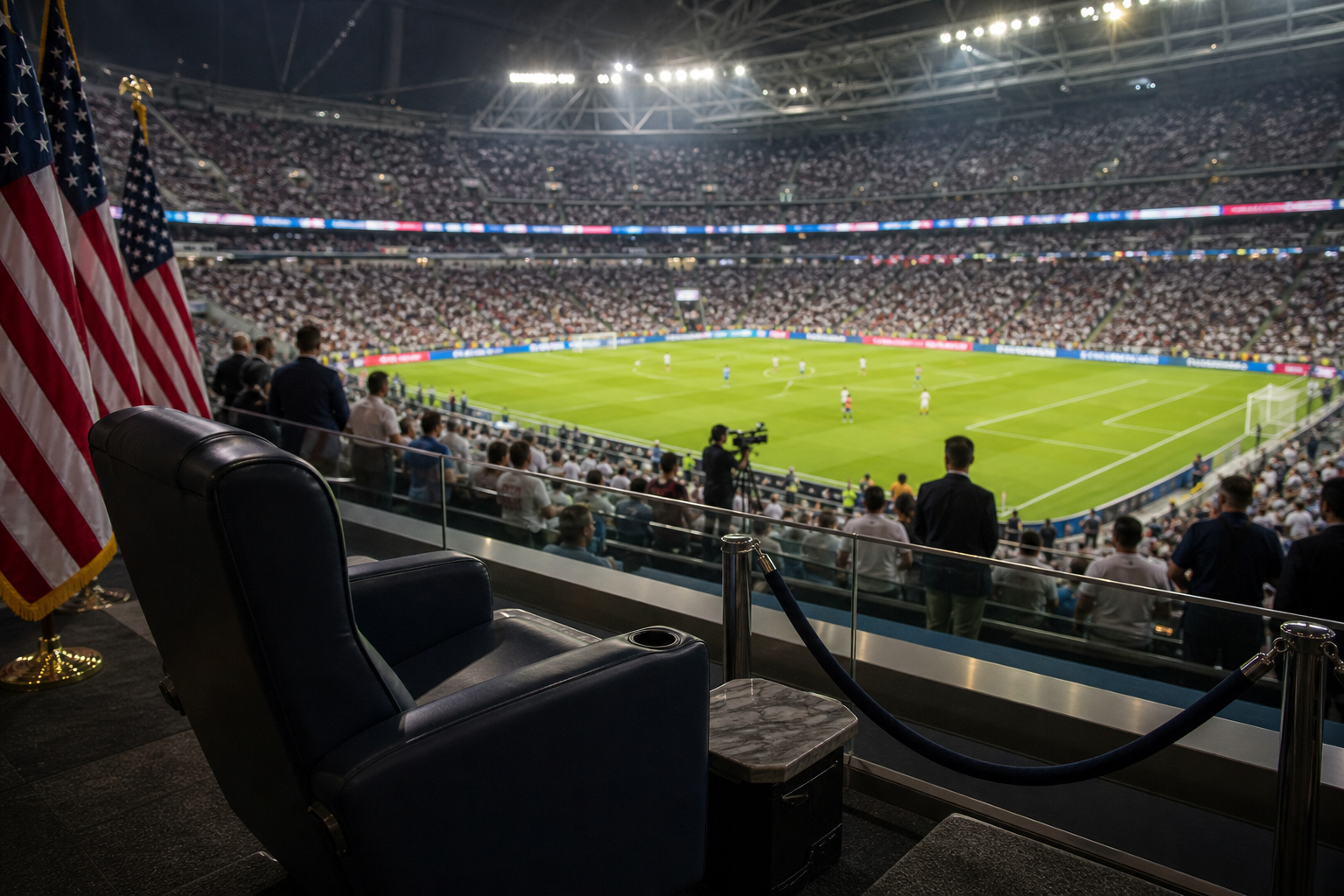 AI-foto van een lege VIP-stoel met Amerikaanse vlaggen in een vol WK-stadion als beeld bij Trumps afwezigheid op het toernooi.