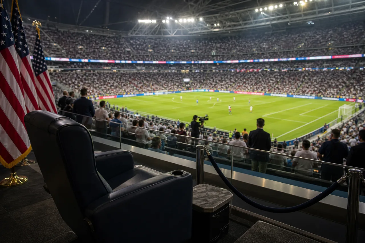 AI-foto van een lege VIP-stoel met Amerikaanse vlaggen in een vol WK-stadion als beeld bij Trumps afwezigheid op het toernooi.
