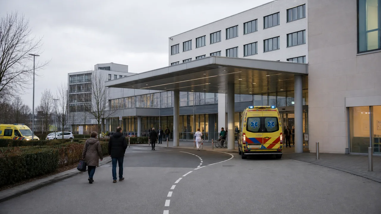 AI-foto van een moderne ziekenhuisentree met ambulancezone en bewegende bezoekers als beeld bij concentratie van ziekenhuiszorg.