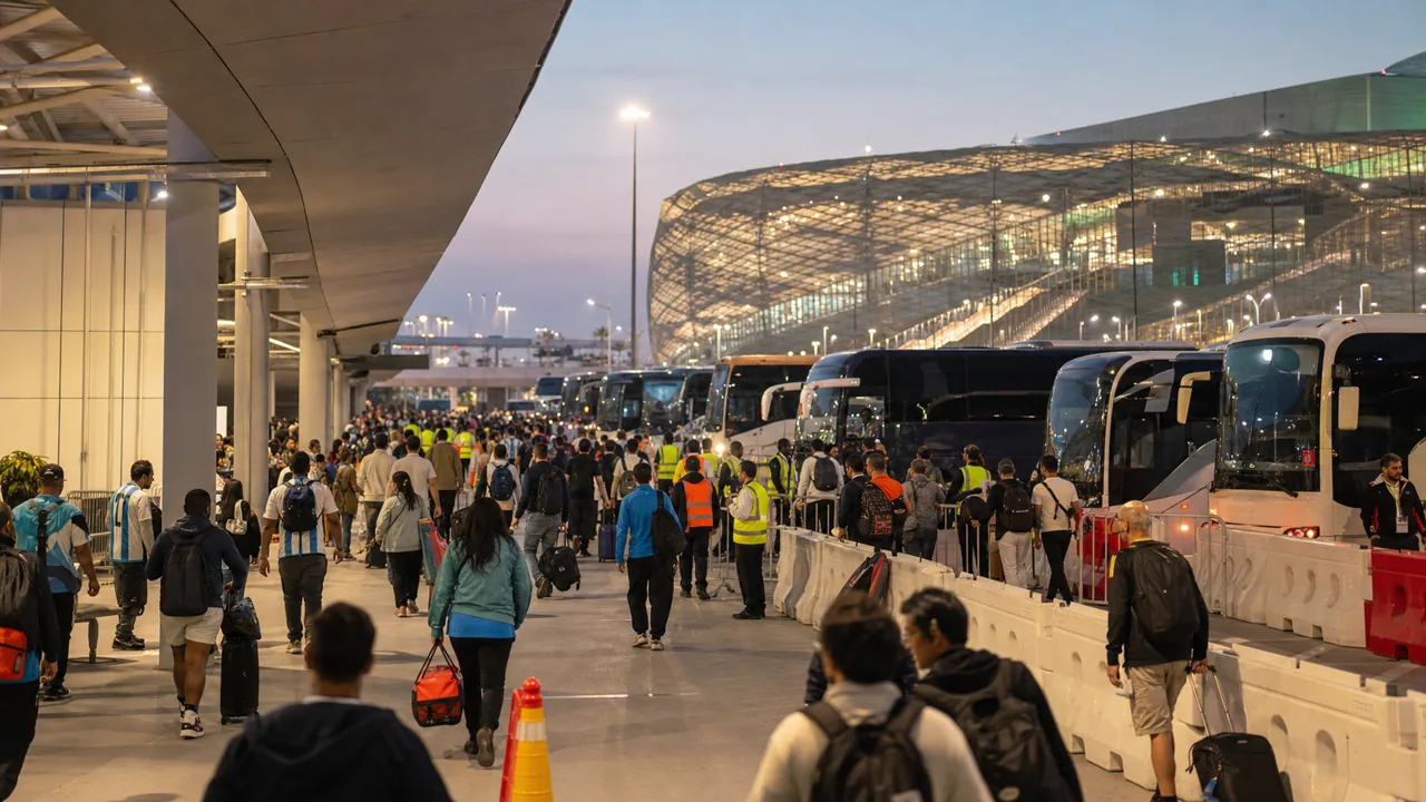 AI-foto van een druk stadiontransportknooppunt met bussen en supporters als beeld bij klimaatkritiek op het WK 2026.