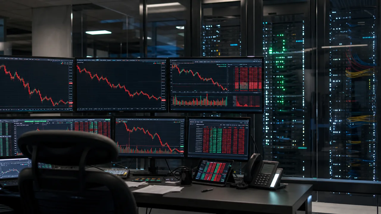 AI-foto van handelsschermen met dalende technologiegrafieken en serverrekken op de achtergrond als beeld bij AI-marktrisico.