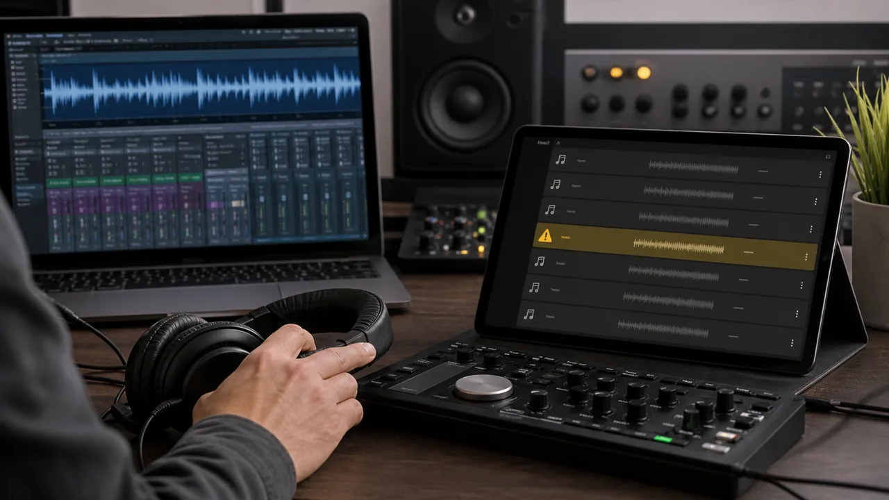 AI-foto van een muziekproductiedesk met koptelefoon, golfvormsoftware en een generieke streaminginterface als beeld bij AI-labels in muziek.