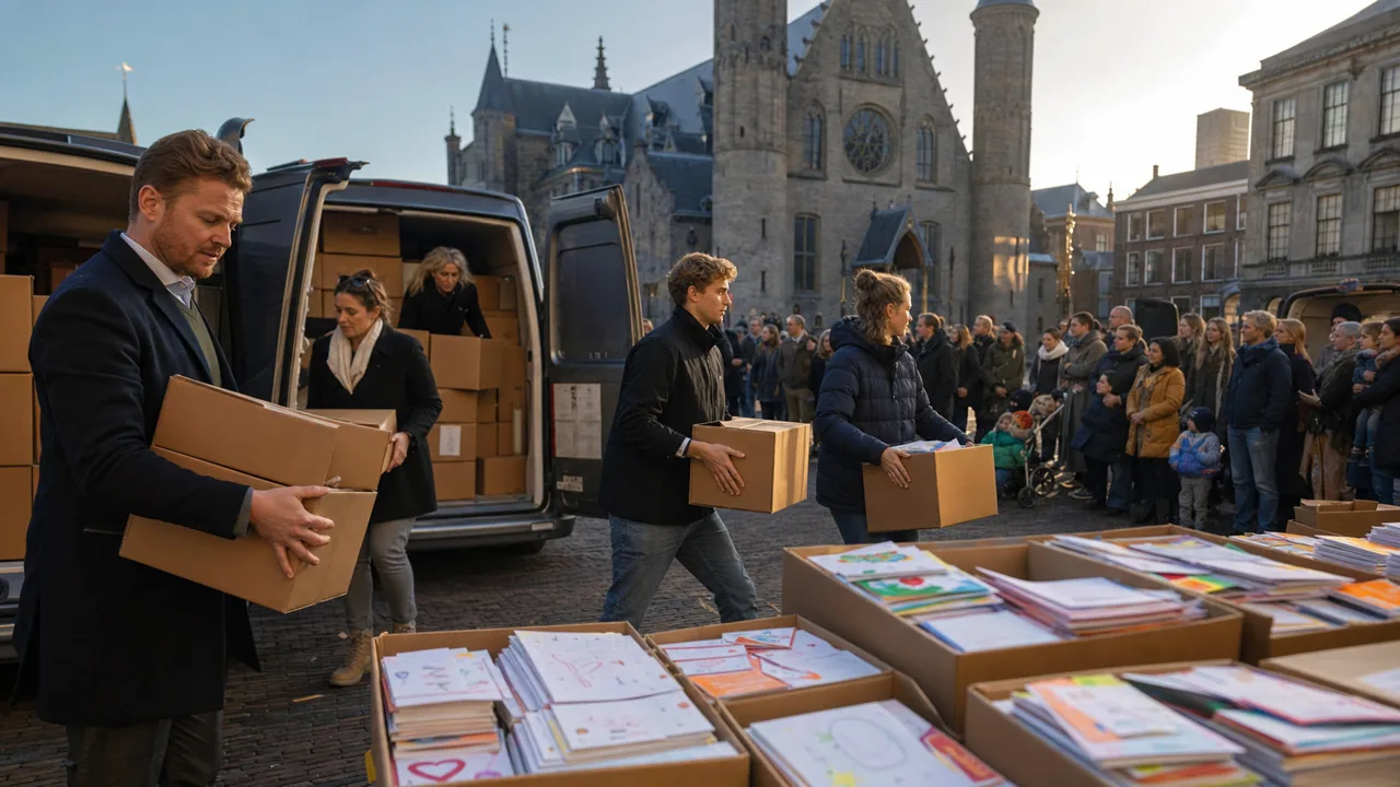 AI-foto van dozen met handgeschreven kaarten bij een Haags overheidsgebouw als beeld bij een actie voor gewortelde asielkinderen.