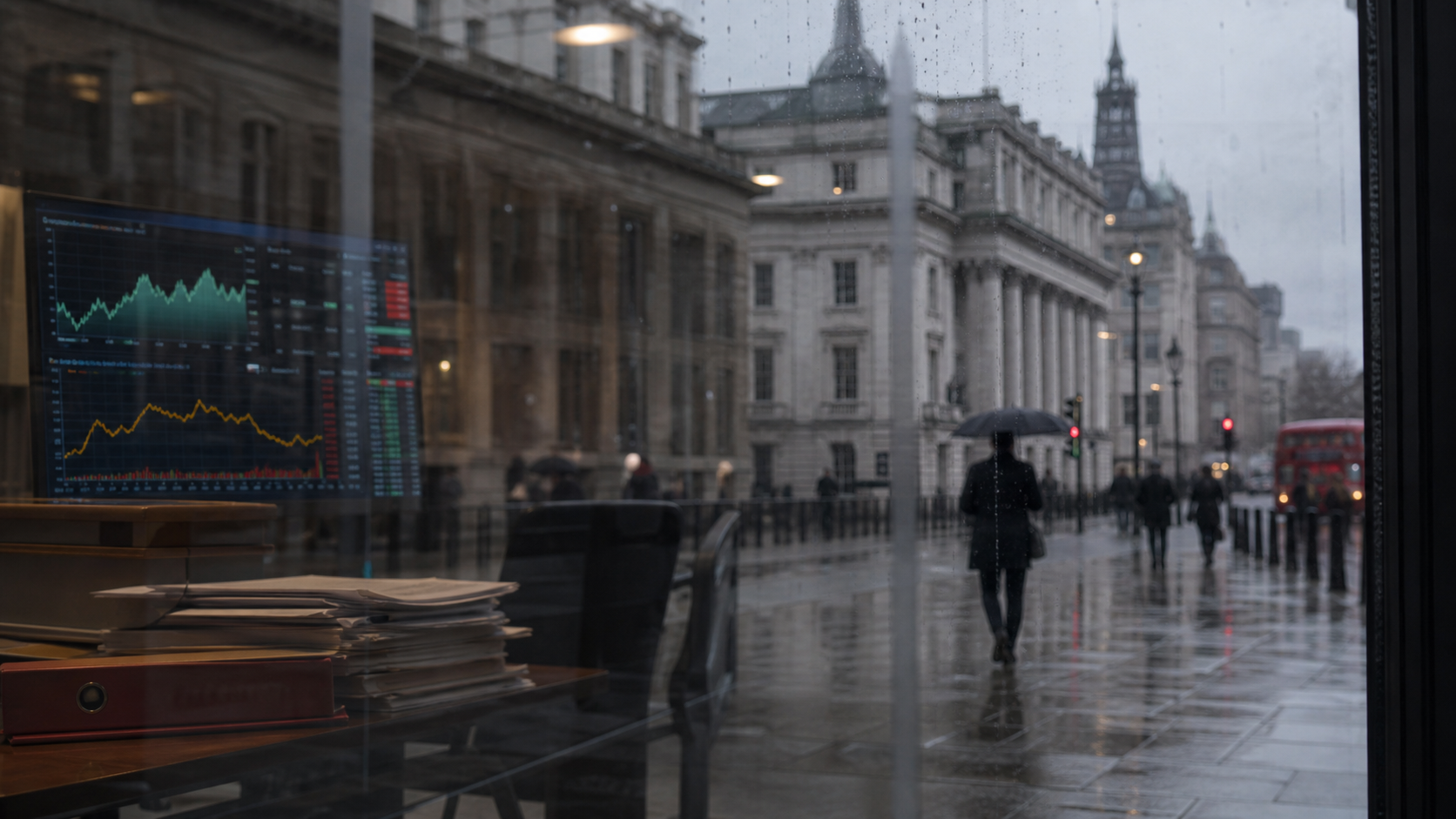 AI-foto van een Britse regeringsstraat met financiele grafieken in een kantoorraam als beeld bij begrotingsdruk en beleidsplannen.