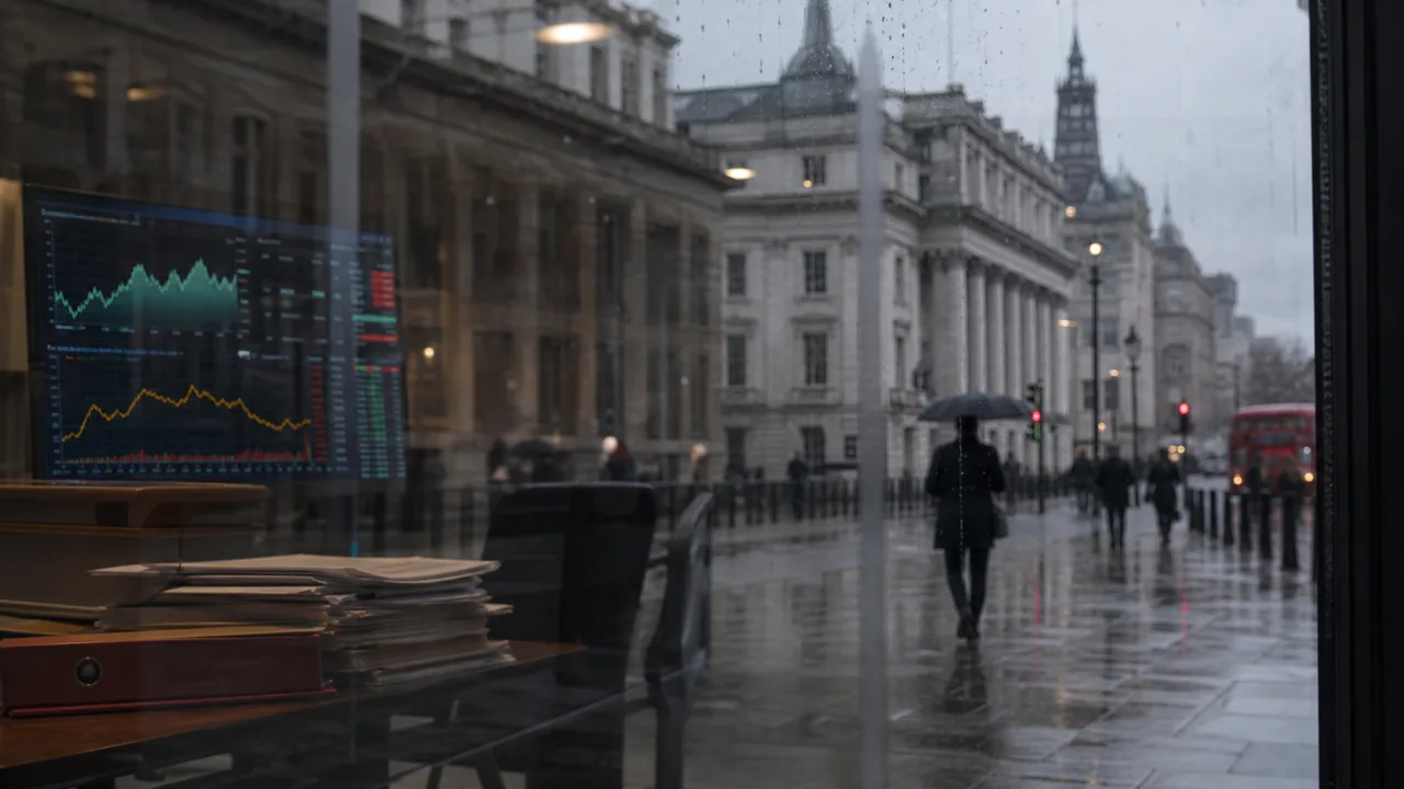 AI-foto van een Britse regeringsstraat met financiele grafieken in een kantoorraam als beeld bij begrotingsdruk en beleidsplannen.